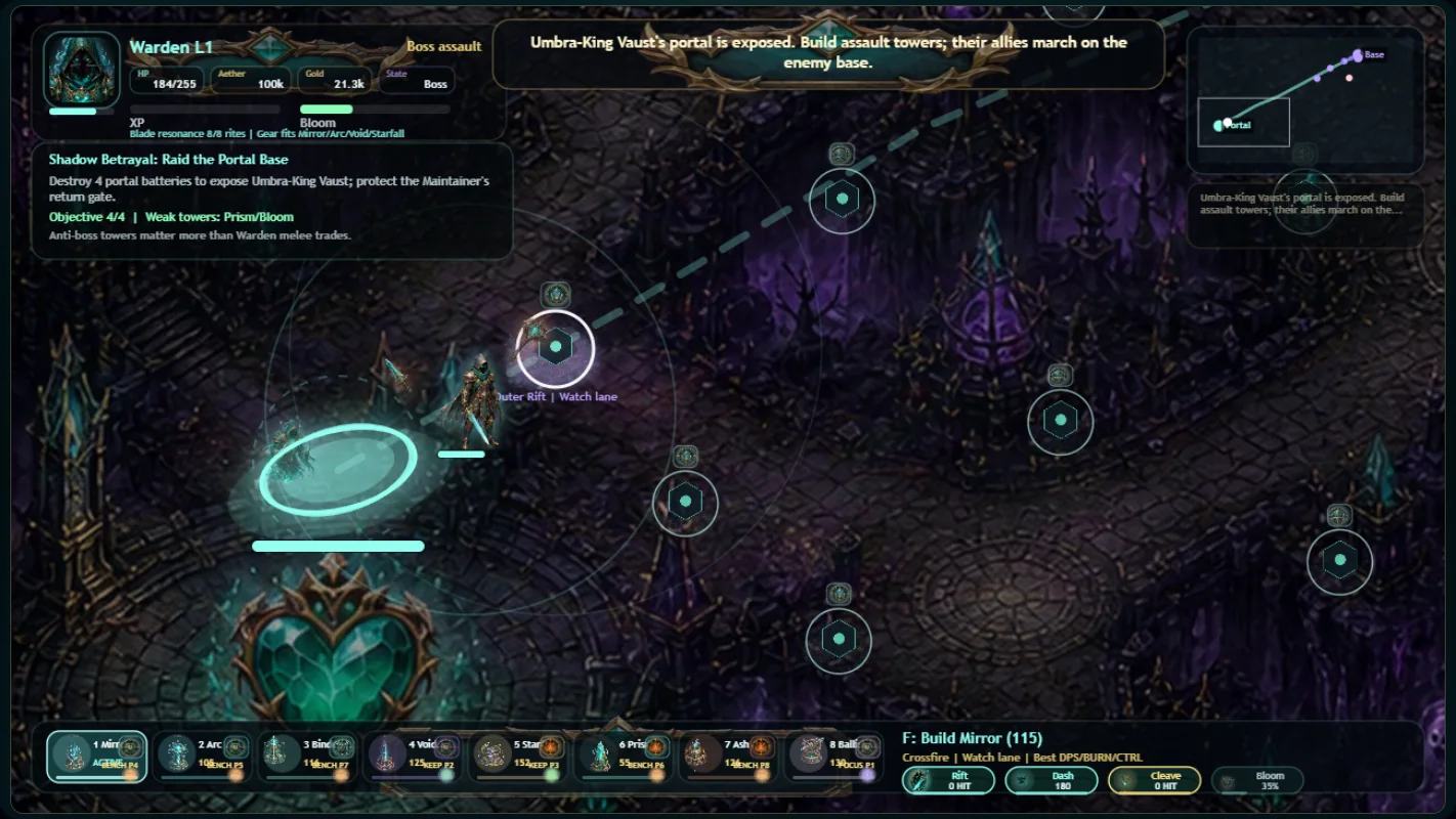 The Warden entering a violet-lit fortress during a boss assault in Aether Warden: The Neutral Oath.