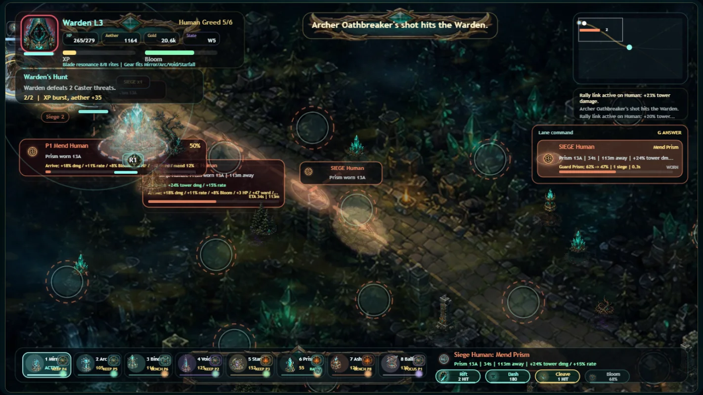 The Warden defending a forest lane amid towers and tactical battle overlays in Aether Warden: The Neutral Oath.