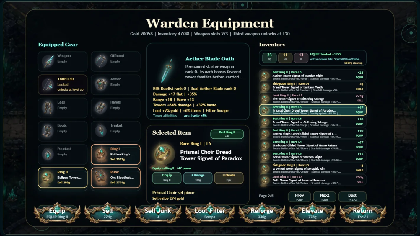 Equipment screen with weapons, armor, rings, and build statistics in Aether Warden: The Neutral Oath.